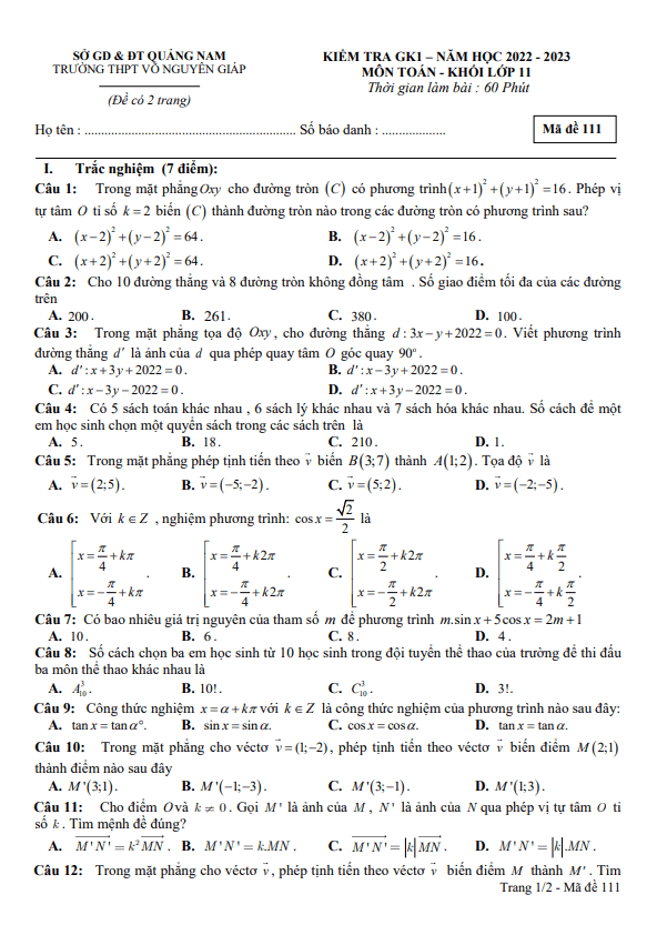 Đề kiểm tra GK1 Toán 11 năm 2022 – 2023 trường THPT Võ Nguyên Giáp – Quảng Nam