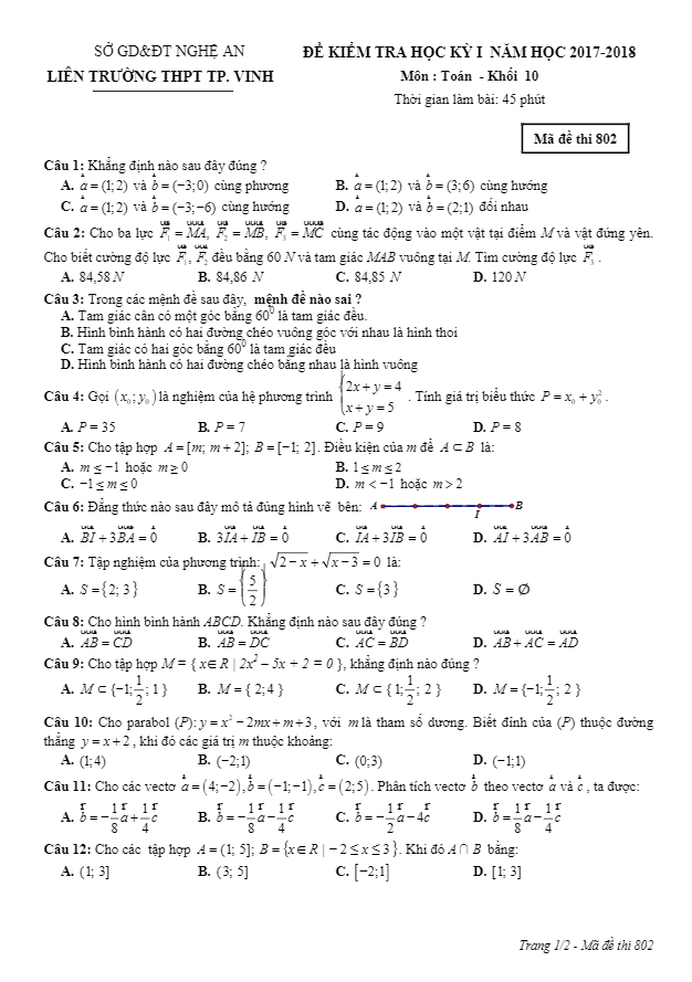 Đề kiểm tra HK1 Toán 10 năm học 2017 – 2018 liên trường THPT thành phố Vinh – Nghệ An