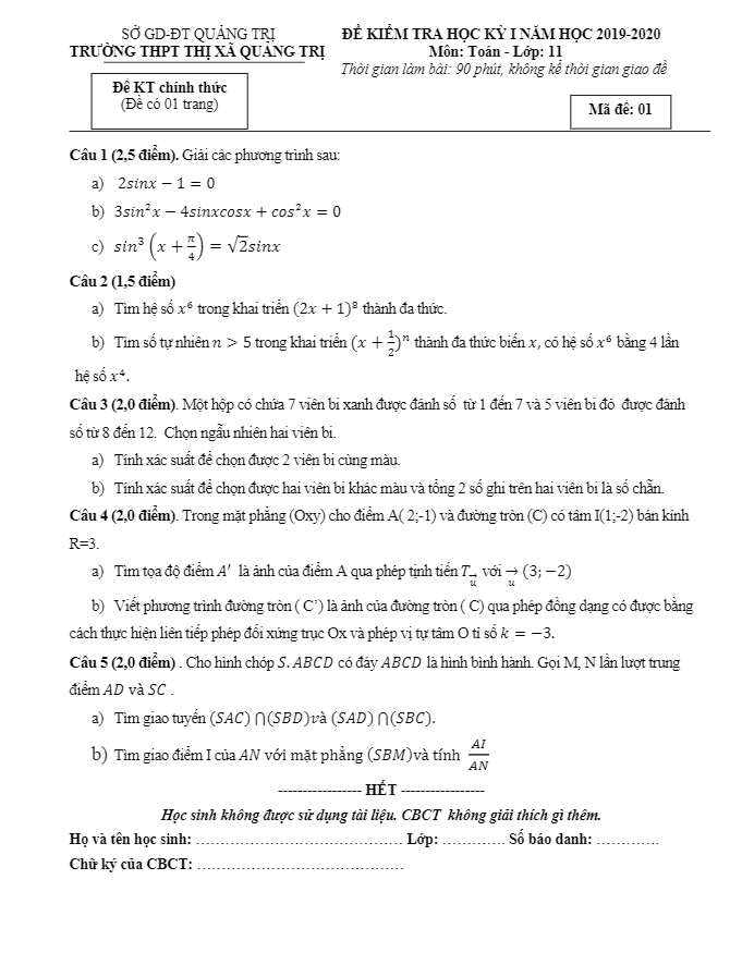 Đề kiểm tra HK1 Toán 11 năm 2019 – 2020 trường THPT Thị xã Quảng Trị