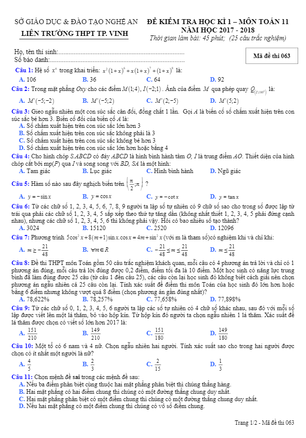Đề kiểm tra HK1 Toán 11 năm học 2017 – 2018 liên trường THPT thành phố Vinh – Nghệ An
