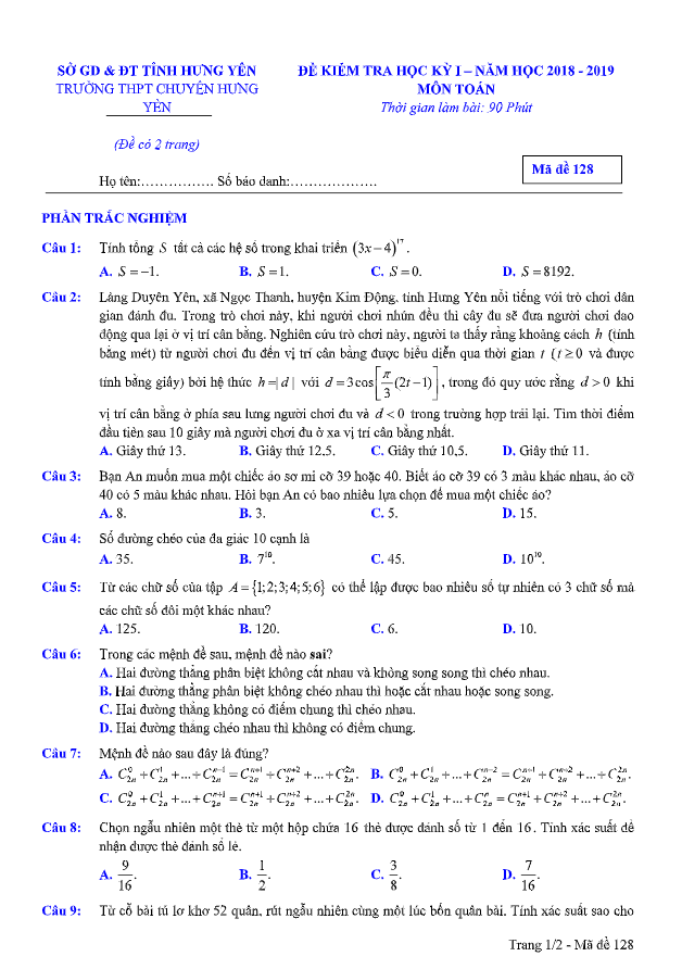 Đề kiểm tra HK1 Toán 11 năm học 2018 – 2019 trường THPT chuyên Hưng Yên