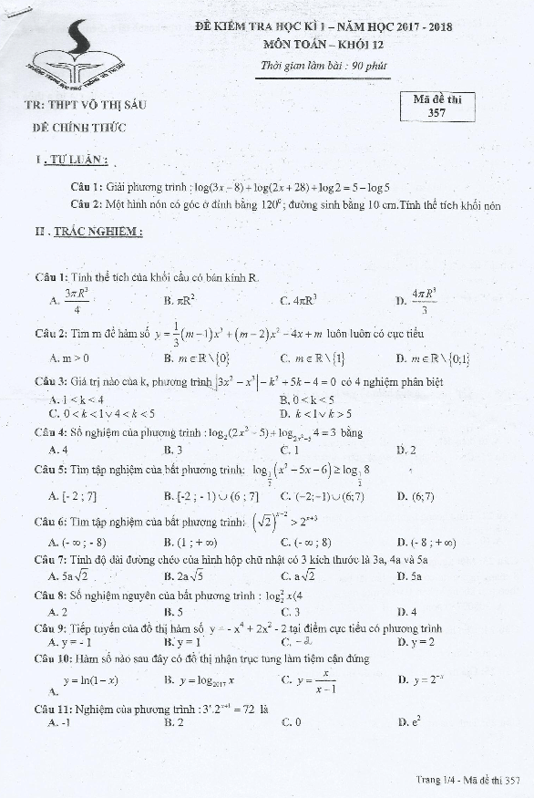 Đề kiểm tra HK1 Toán 12 năm 2017 – 2018 trường THPT Võ Thị Sáu – TP. HCM