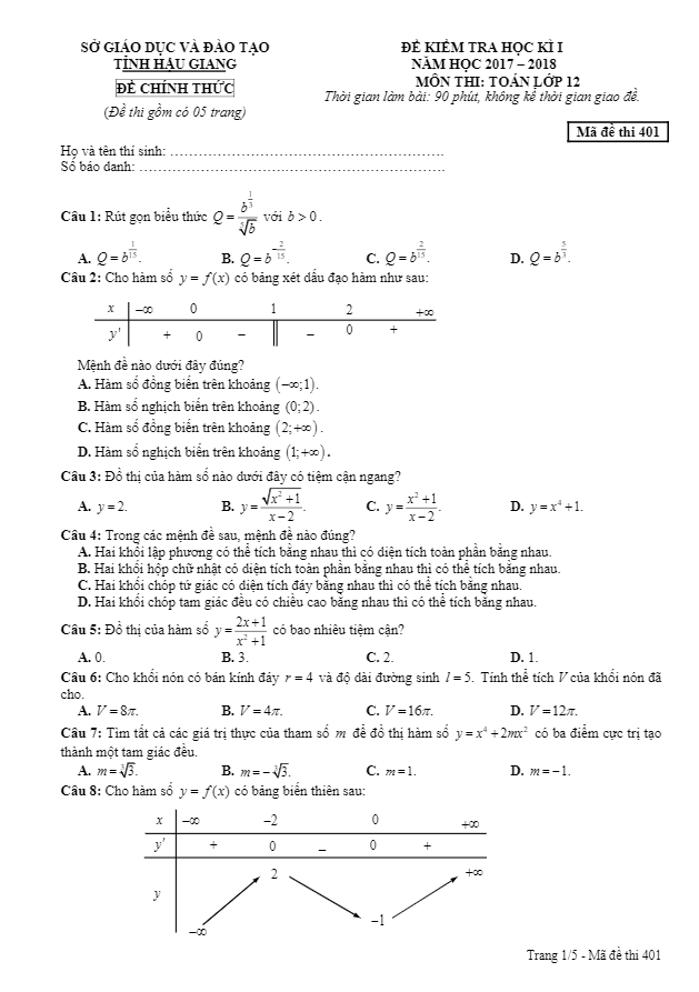 Đề kiểm tra HK1 Toán 12 năm học 2017 – 2018 sở GD và ĐT Hậu Giang