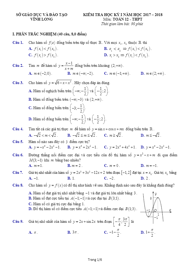 Đề kiểm tra HK1 Toán 12 năm học 2017 – 2018 sở GD và ĐT Vĩnh Long