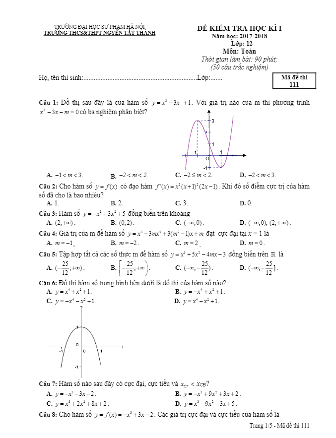 Đề kiểm tra HK1 Toán 12 năm học 2017 – 2018 trường Nguyễn Tất Thành – Hà Nội