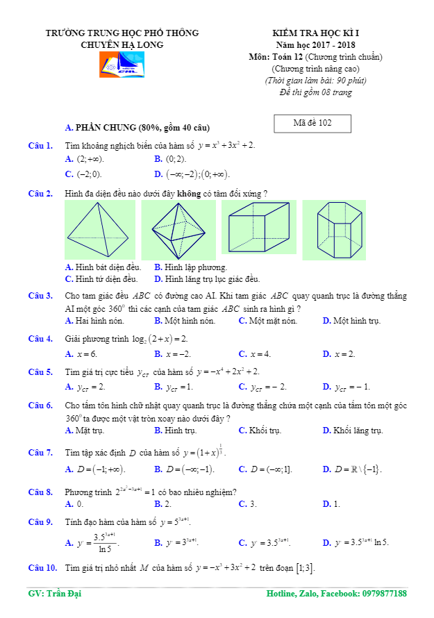 Đề kiểm tra HK1 Toán 12 năm học 2017 – 2018 trường THPT chuyên Hạ Long – Quảng Ninh