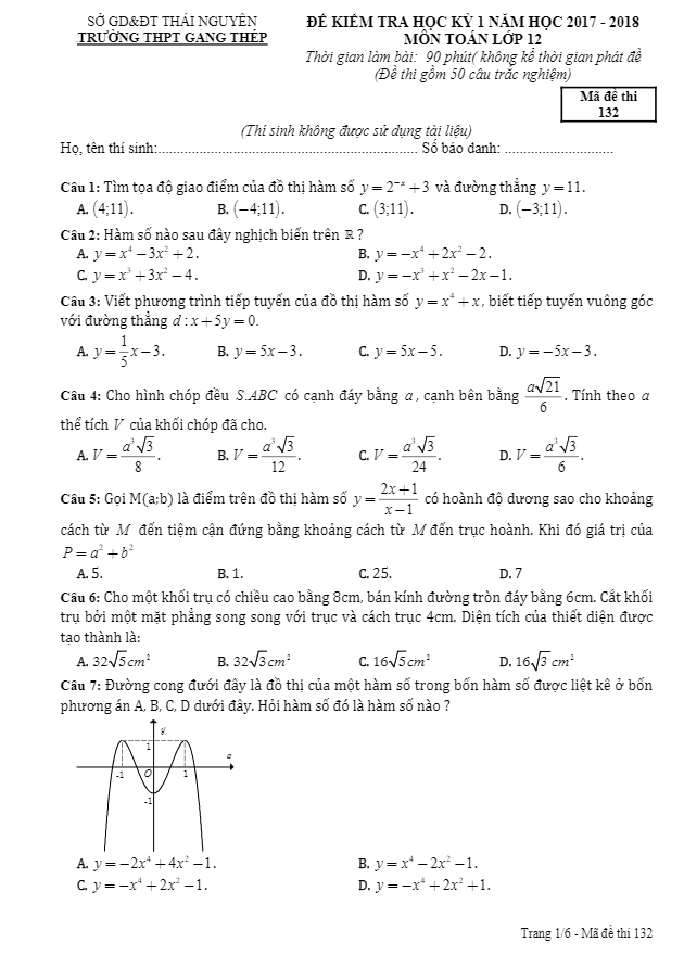 Đề kiểm tra HK1 Toán 12 năm học 2017 – 2018 trường THPT Gang Thép – Thái Nguyên