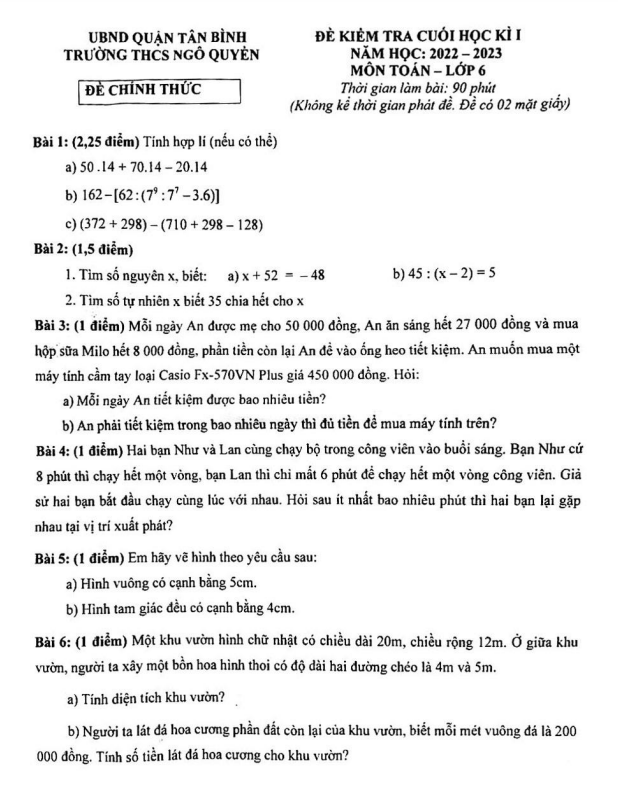 Đề kiểm tra HK1 Toán 6 năm 2022 – 2023 trường THCS Ngô Quyền – TP HCM