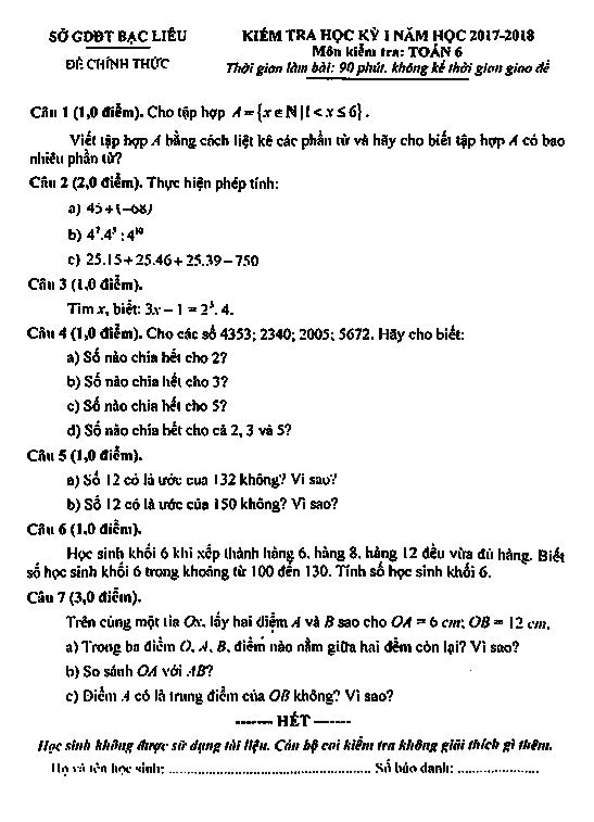 Đề kiểm tra HK1 Toán 6 năm học 2017 – 2018 sở GD và ĐT Bạc Liêu