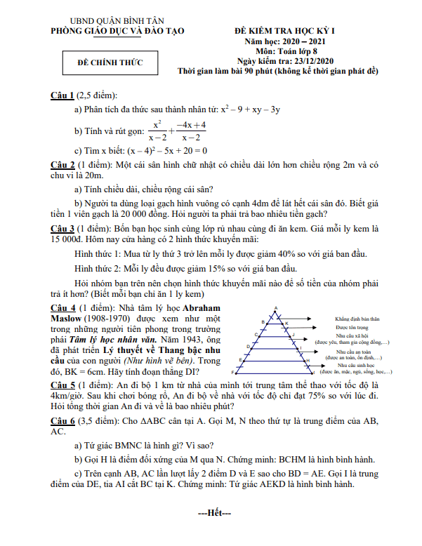 Đề kiểm tra HK1 Toán 8 năm 2020 – 2021 phòng GD&ĐT Bình Tân – TP HCM