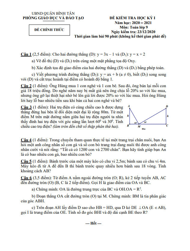 Đề kiểm tra HK1 Toán 9 năm 2020 – 2021 phòng GD&ĐT Bình Tân – TP HCM