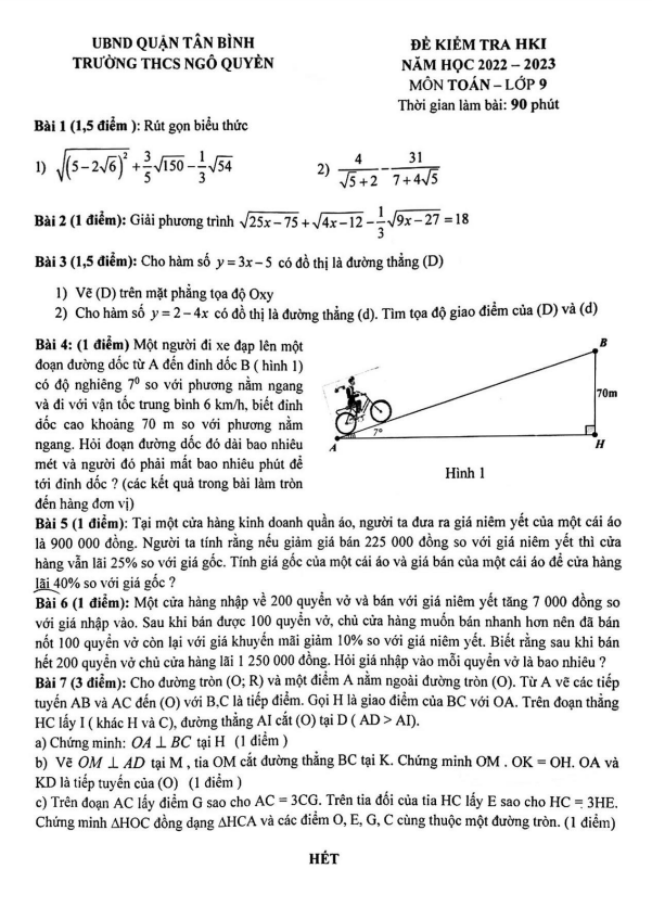 Đề kiểm tra HK1 Toán 9 năm 2022 – 2023 trường THCS Ngô Quyền – TP HCM