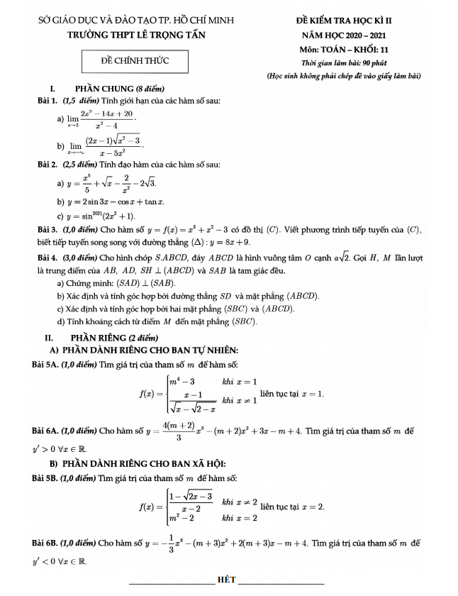 Đề kiểm tra HK2 Toán 11 năm 2020 – 2021 trường THPT Lê Trọng Tấn – TP HCM