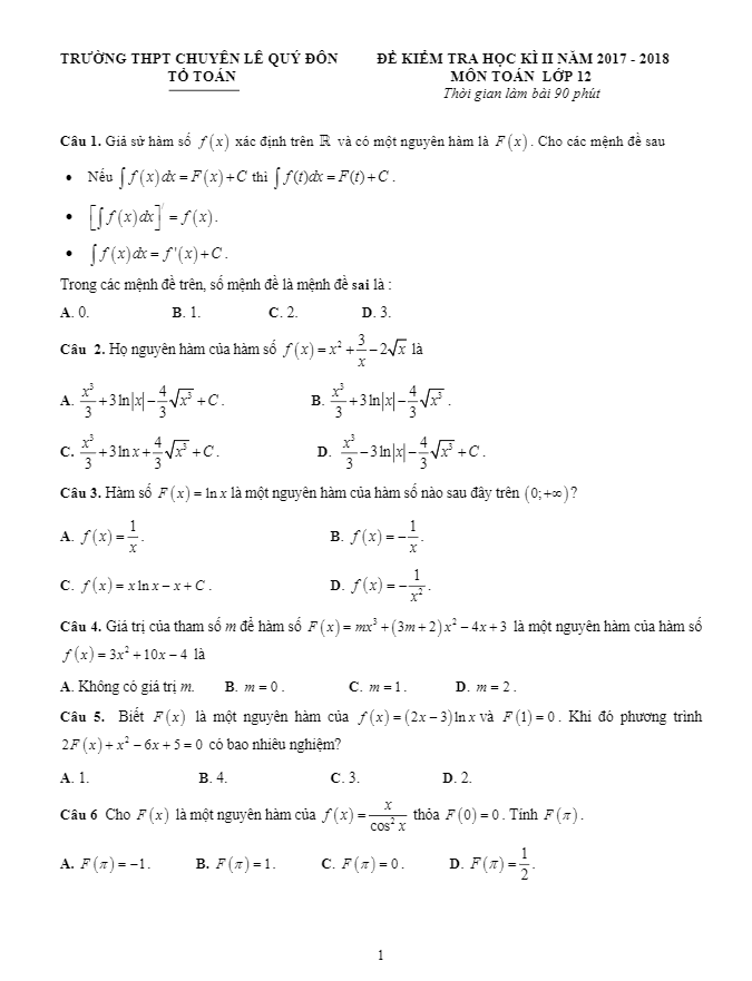 Đề kiểm tra HK2 Toán 12 năm 2017 – 2018 trường chuyên Lê Quý Đôn – Khánh Hòa
