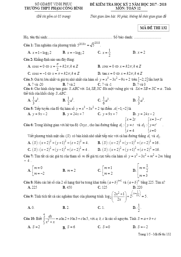 Đề kiểm tra HK2 Toán 12 năm 2017 – 2018 trường Phạm Công Bình – Vĩnh Phúc