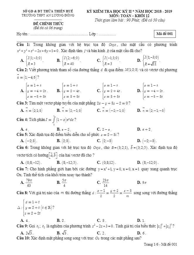 Đề kiểm tra HK2 Toán 12 năm 2018 – 2019 trường An Lương Đông – TT Huế