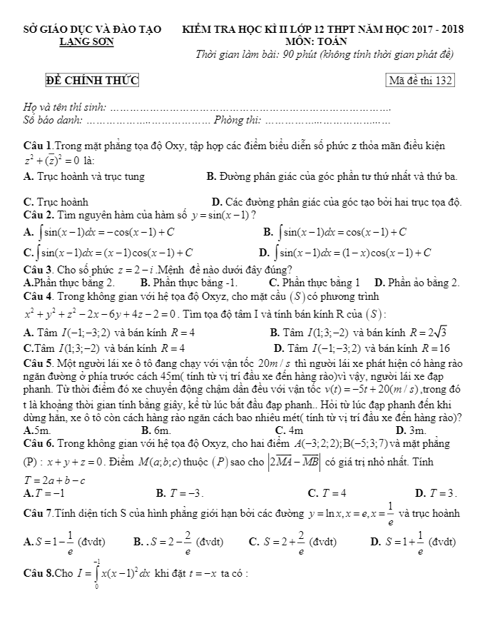 Đề kiểm tra HK2 Toán 12 THPT năm học 2017 – 2018 sở GD và ĐT Lạng Sơn