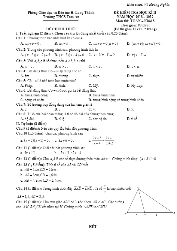 Đề kiểm tra HK2 Toán 8 năm 2018 – 2019 trường THCS Tam An – Đồng Nai