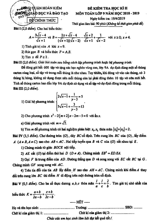 Đề kiểm tra HK2 Toán 9 năm 2018 – 2019 phòng GD&ĐT Hoàn Kiếm – Hà Nội