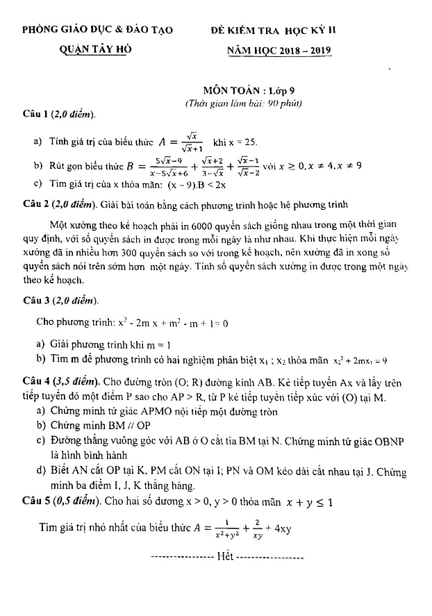 Đề kiểm tra HK2 Toán 9 năm 2018 – 2019 phòng GD&ĐT Tây Hồ – Hà Nội