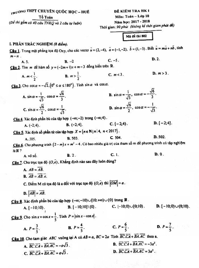 Đề kiểm tra HKI Toán 10 năm học 2017 – 2018 trường THPT chuyên Quốc học Huế