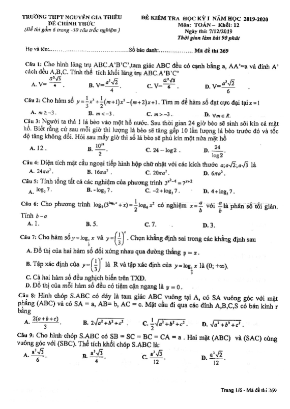 Đề kiểm tra HKI Toán 12 năm 2019 – 2020 trường Nguyễn Gia Thiều – Hà Nội