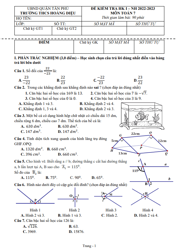Đề kiểm tra HKI Toán 7 năm 2022 – 2023 trường THCS Hoàng Diệu – TP HCM