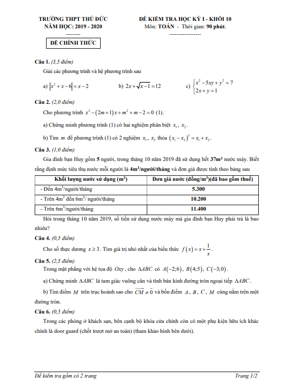 Đề kiểm tra học kì 1 Toán 10 năm 2019 – 2020 trường THPT Thủ Đức – TP HCM