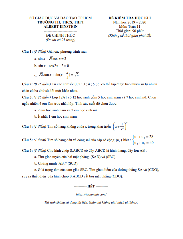 Đề kiểm tra học kì 1 Toán 11 năm 2019 – 2020 trường Albert Einstein – TP HCM