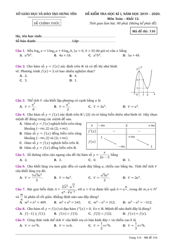 Đề kiểm tra học kì 1 Toán 12 năm 2019 – 2020 sở GD&ĐT Hưng Yên