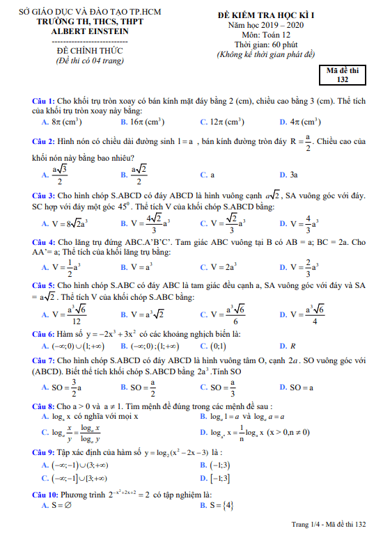 Đề kiểm tra học kì 1 Toán 12 năm 2019 – 2020 trường Albert Einstein – TP HCM