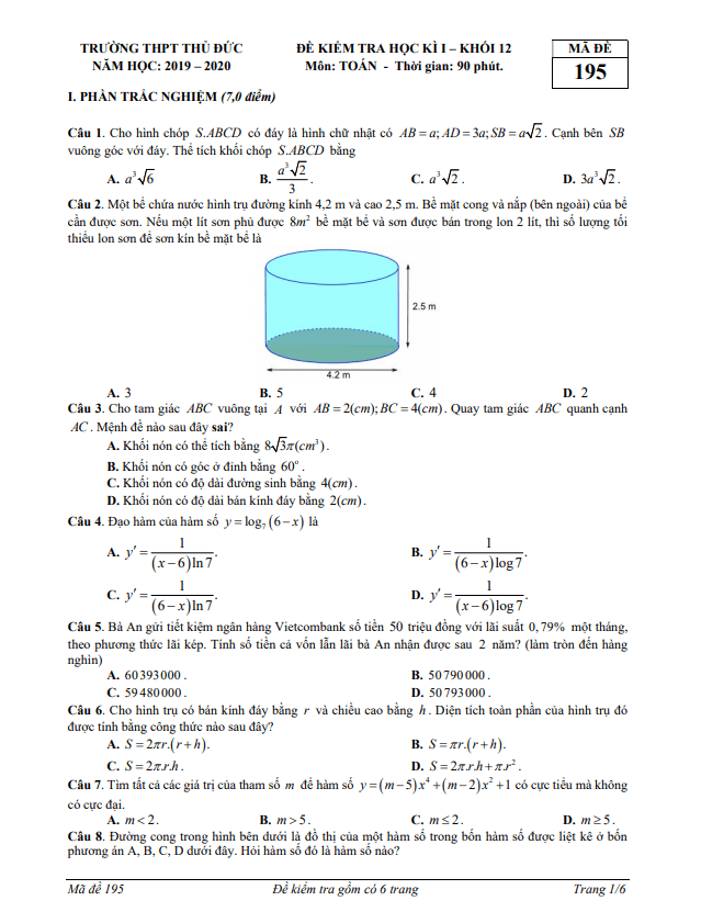 Đề kiểm tra học kì 1 Toán 12 năm 2019 – 2020 trường THPT Thủ Đức – TP HCM