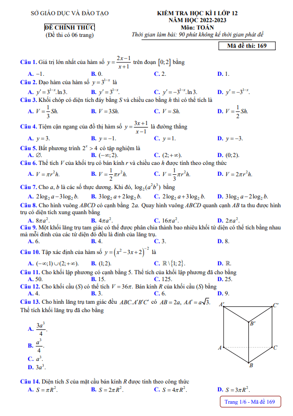 Đề kiểm tra học kì 1 Toán 12 năm 2022 – 2023 sở GD&ĐT Đắk Nông