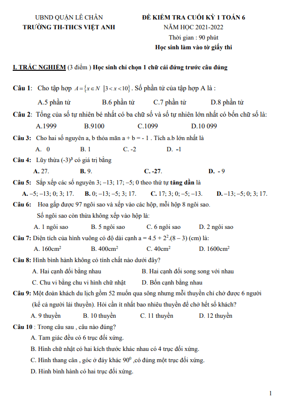 Đề kiểm tra học kì 1 Toán 6 năm 2021 – 2022 trường TH – THCS Việt Anh – Hải Phòng