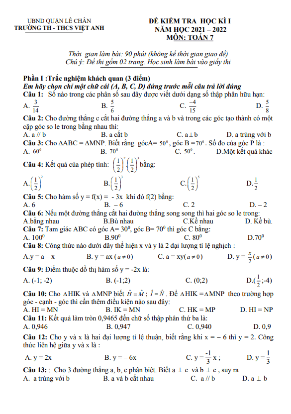 Đề kiểm tra học kì 1 Toán 7 năm 2021 – 2022 trường TH – THCS Việt Anh – Hải Phòng