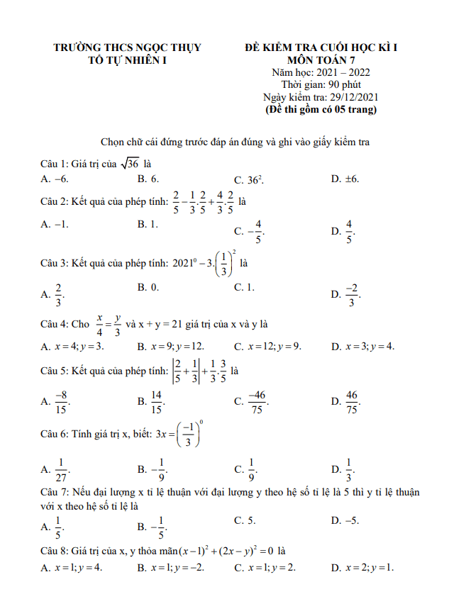Đề kiểm tra học kì 1 Toán 7 năm 2021 – 2022 trường THCS Ngọc Thụy – Hà Nội