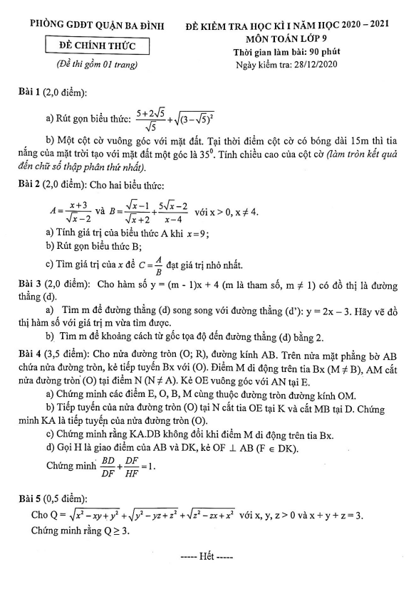 Đề kiểm tra học kì 1 Toán 9 năm 2020 – 2021 phòng GD&ĐT Ba Đình – Hà Nội