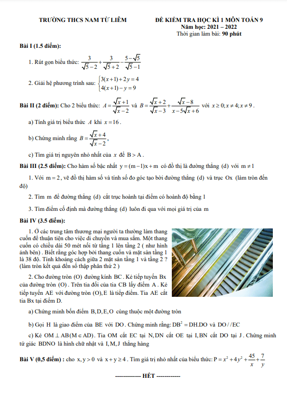 Đề kiểm tra học kì 1 Toán 9 năm 2021 – 2022 trường THCS Nam Từ Liêm – Hà Nội