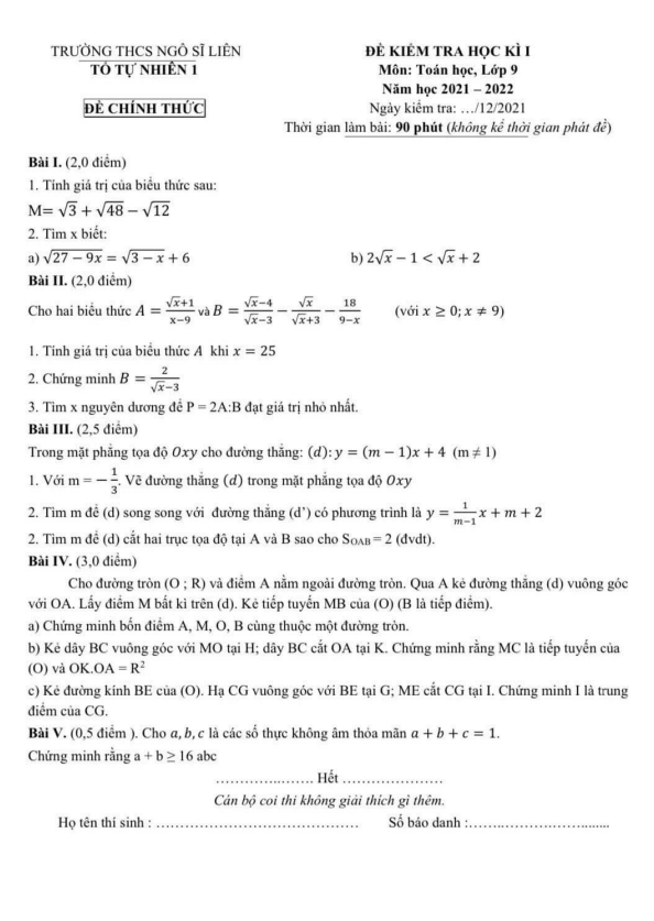 Đề kiểm tra học kì 1 Toán 9 năm 2021 – 2022 trường THCS Ngô Sĩ Liên – Hà Nội