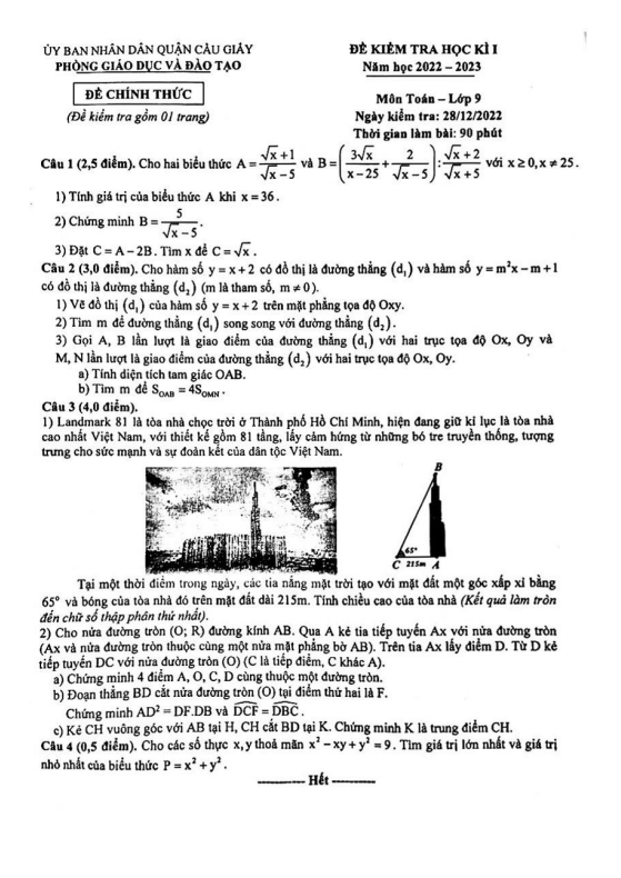 Đề kiểm tra học kì 1 Toán 9 năm 2022 – 2023 phòng GD&ĐT Cầu Giấy – Hà Nội