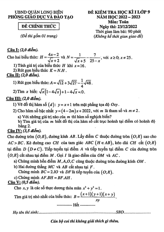 Đề kiểm tra học kì 1 Toán 9 năm 2022 – 2023 phòng GD&ĐT Long Biên – Hà Nội