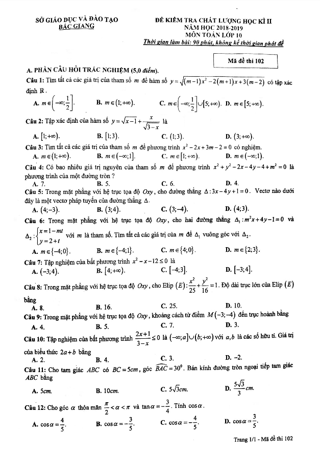 Đề kiểm tra học kì 2 Toán 10 năm 2018 – 2019 sở GD&ĐT Bắc Giang
