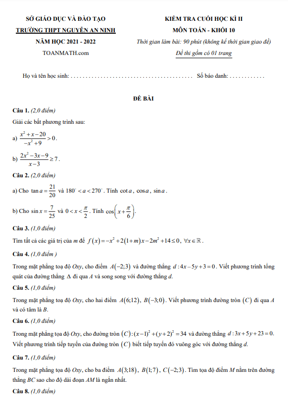 Đề kiểm tra học kì 2 Toán 10 năm 2021 – 2022 trường THPT Nguyễn An Ninh – TP HCM
