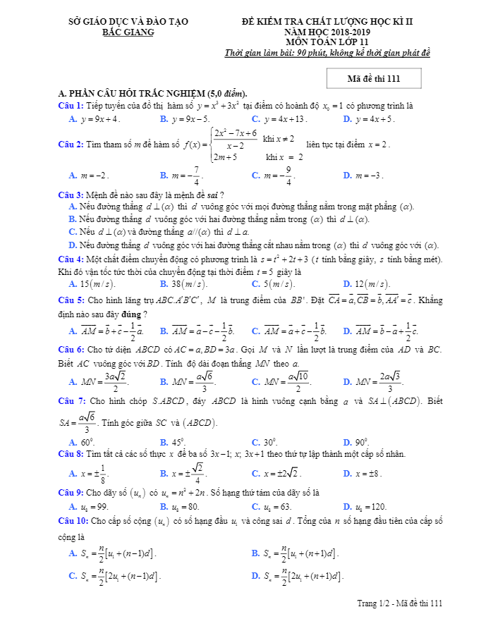 Đề kiểm tra học kì 2 Toán 11 năm 2018 – 2019 sở GD&ĐT Bắc Giang