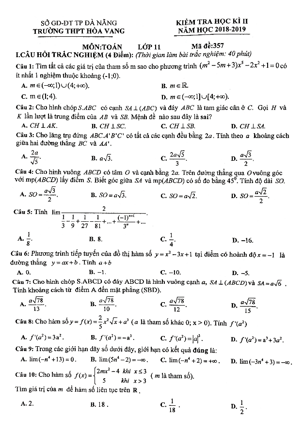 Đề kiểm tra học kì 2 Toán 11 năm 2018 – 2019 trường Hòa Vang – Đà Nẵng
