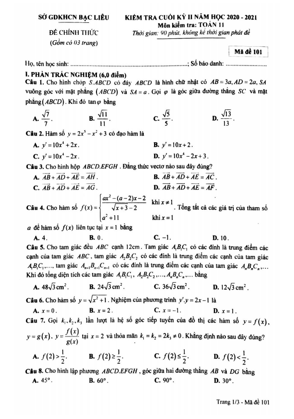 Đề kiểm tra học kì 2 Toán 11 năm 2020 – 2021 sở GDKHCN Bạc Liêu