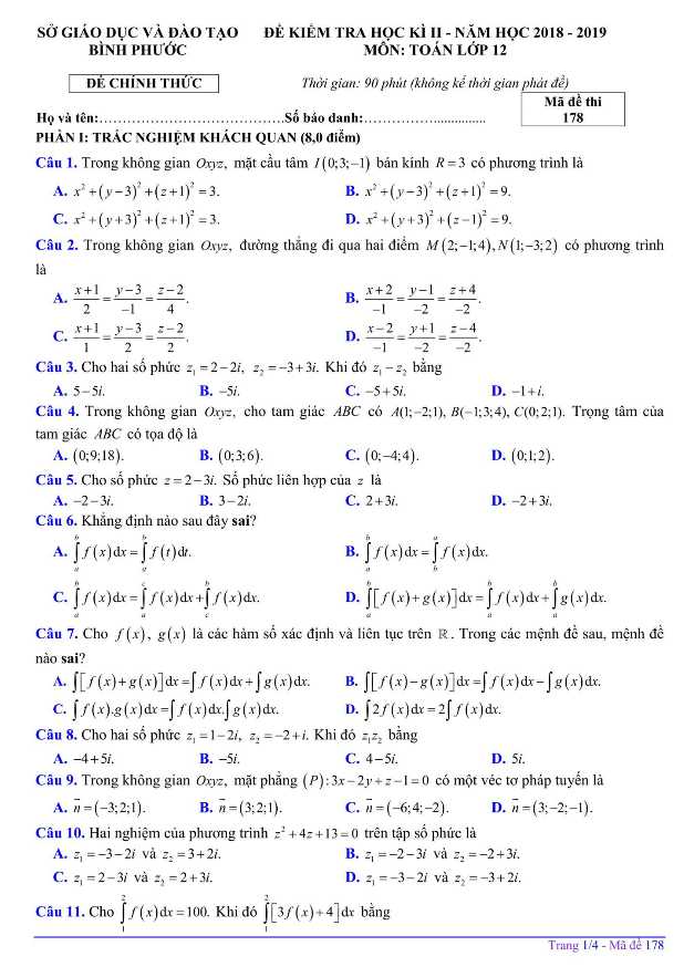 Đề kiểm tra học kì 2 Toán 12 năm 2018 – 2019 sở GD&ĐT Bình Phước