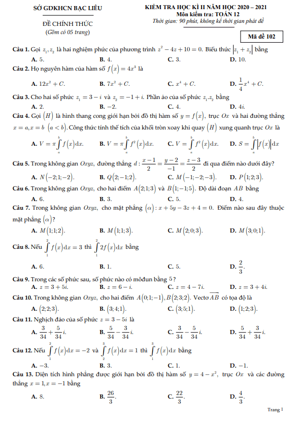 Đề kiểm tra học kì 2 Toán 12 năm 2020 – 2021 sở GDKHCN Bạc Liêu