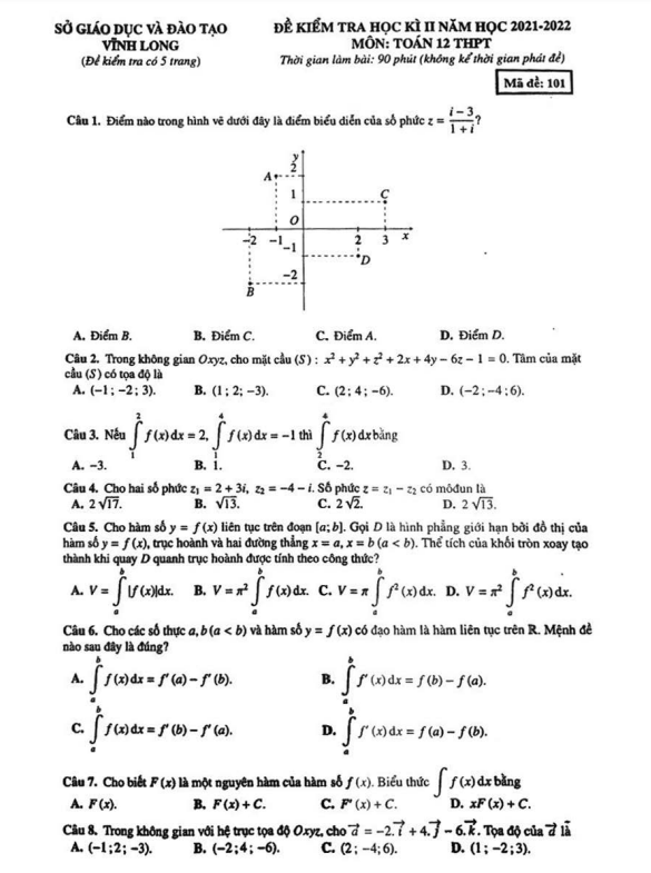 Đề kiểm tra học kì 2 Toán 12 năm 2021 – 2022 sở GD&ĐT Vĩnh Long
