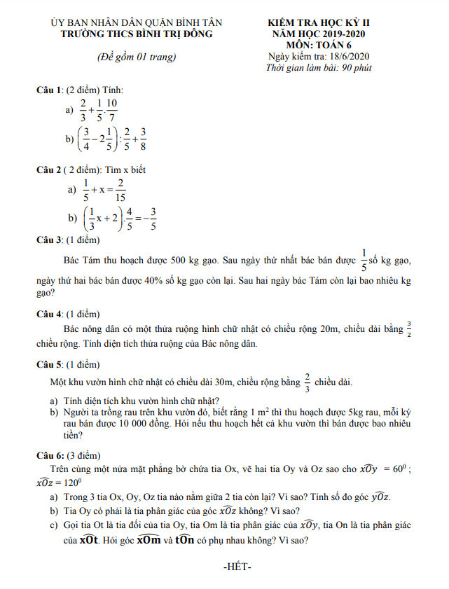 Đề kiểm tra học kì 2 Toán 6 năm 2019 – 2020 trường THCS Bình Trị Đông – TP HCM